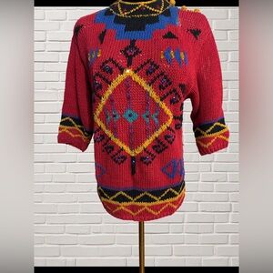 Vintage Hand Knit Sweater Red Ramie Cotton Beaded Retro Chunky Bold 80s 90s S